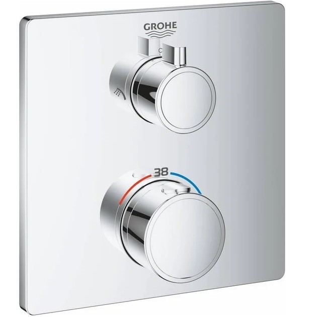ермостатический смеситель для душа GROHE Grohtherm на 2 положения верхний и ручной, внешняя часть, квадратная розетка, хром (24079000)